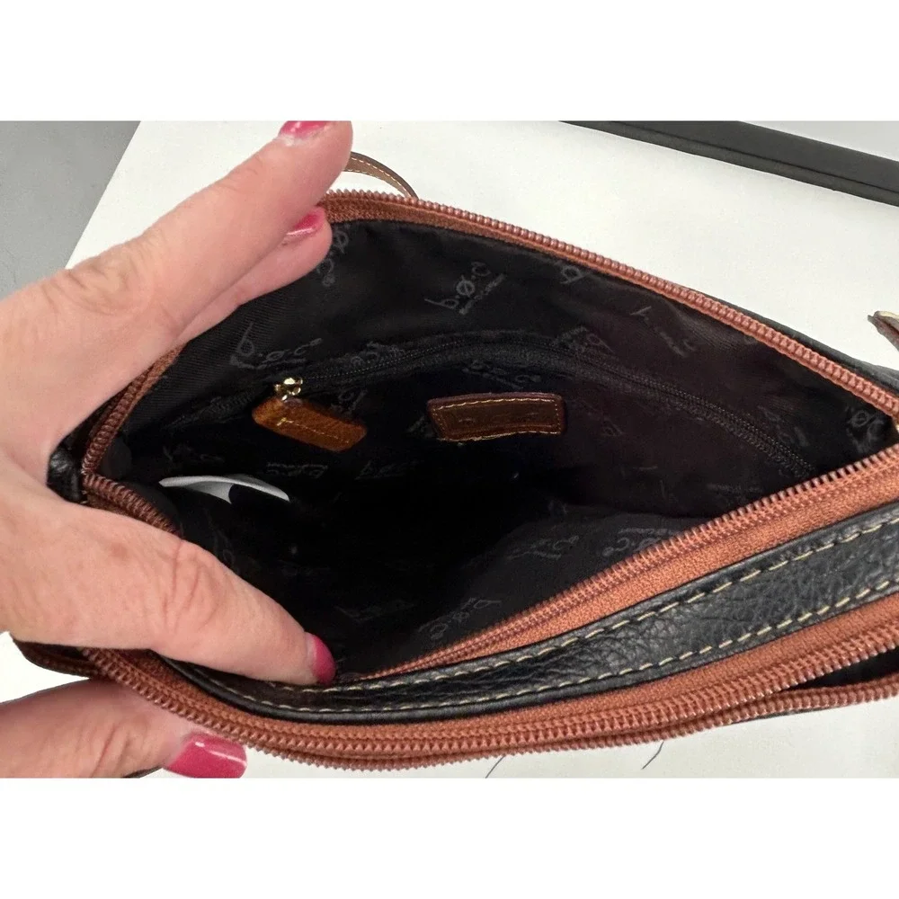 b.o.c. Born Concept‎ Black Tan Faux Leather Triple Zip Crossbody Organizer Bag